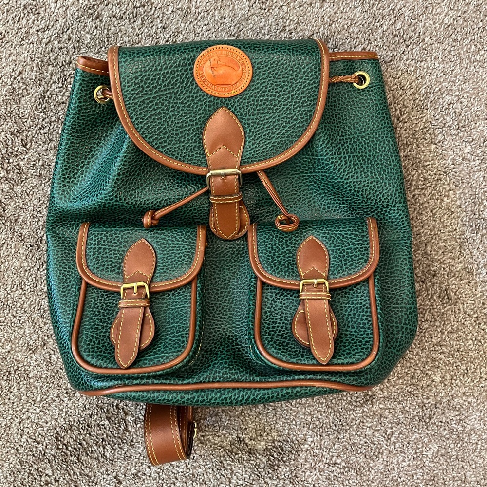 green leather backpack